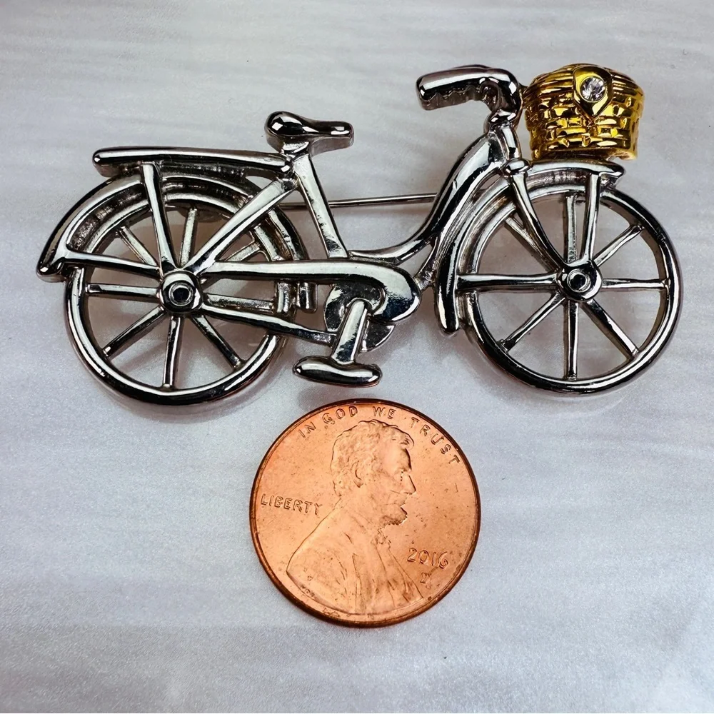 Silvertone Bicycle Brooch with Goldtone Bling Accents
